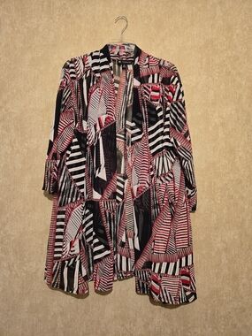 N Touch Abstract Striped Open Front Duster - Black, White & Hot Pink Size XL